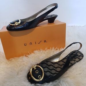 Unisa Slingback Kitty Womens Leather Heels Shoes Size 8M Black Gold Buckle